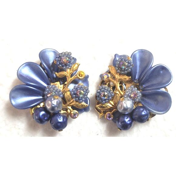 Vtg 1950s Glamorous Hollywood Celluloid Floral Statement Blue Clip On Earrings - Picture 4 of 5